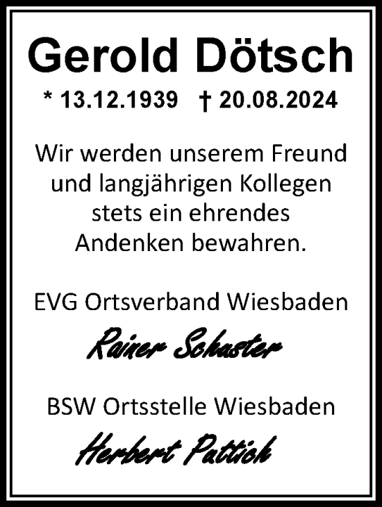 Traueranzeige von Gerold Dötsch von Wiesbadener Kurier