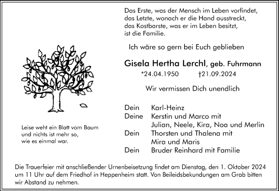 Traueranzeige von Gisela  Lerchl von Starkenburger Echo