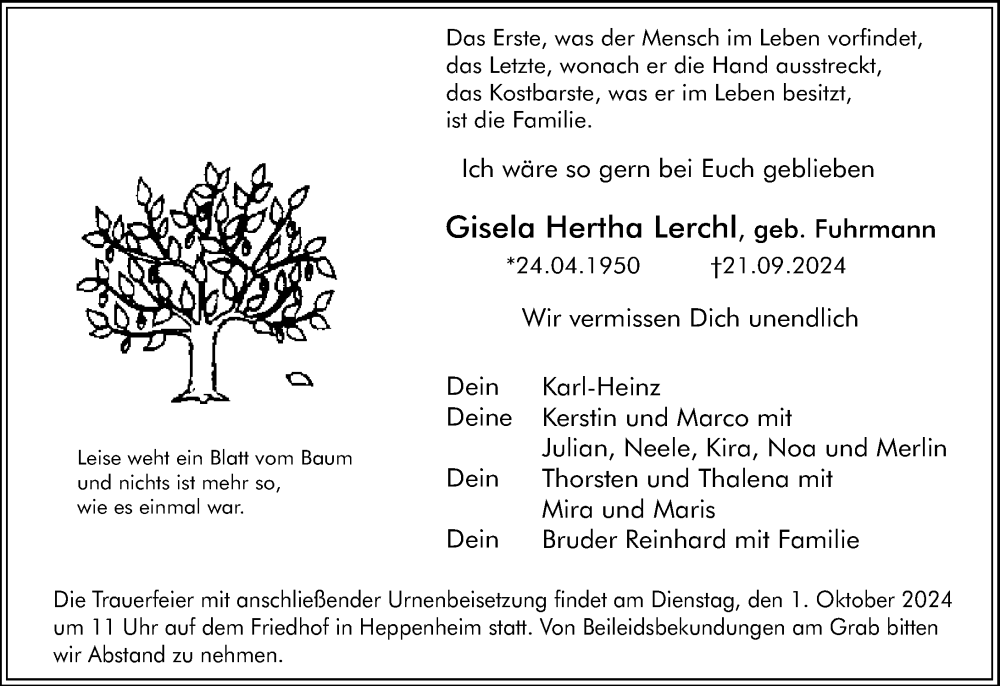  Traueranzeige für Gisela  Lerchl vom 28.09.2024 aus Starkenburger Echo