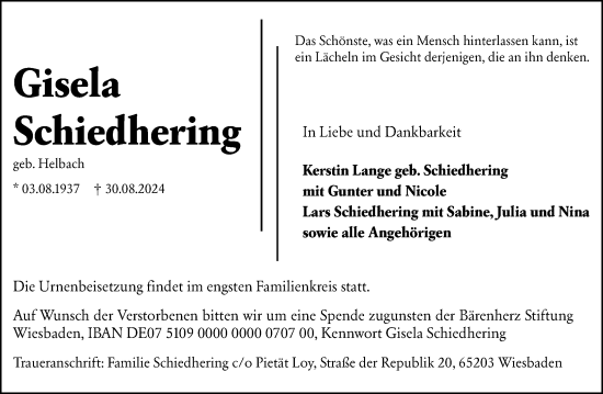 Traueranzeige von Gisela Schiedhering von Wiesbadener Kurier