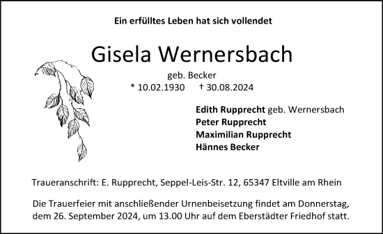 Traueranzeige von Gisela Wernersbach von Darmstädter Echo