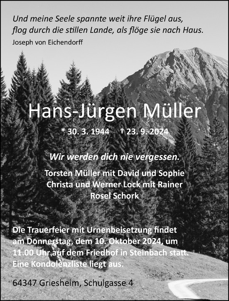  Traueranzeige für Hans-Jürgen Müller vom 28.09.2024 aus Odenwälder Echo