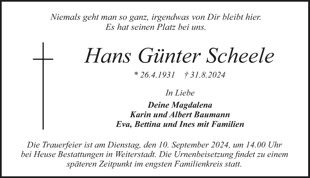  Traueranzeige für Hans Günter Scheele vom 07.09.2024 aus Darmstädter Echo