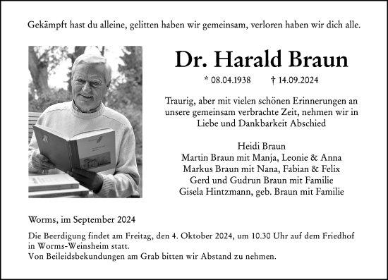 Traueranzeige von Harald Braun von Wormser Zeitung