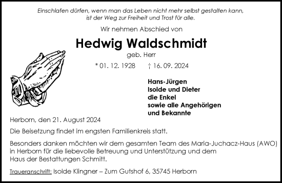 Traueranzeige von Hedwig Waldschmidt von Dill Block