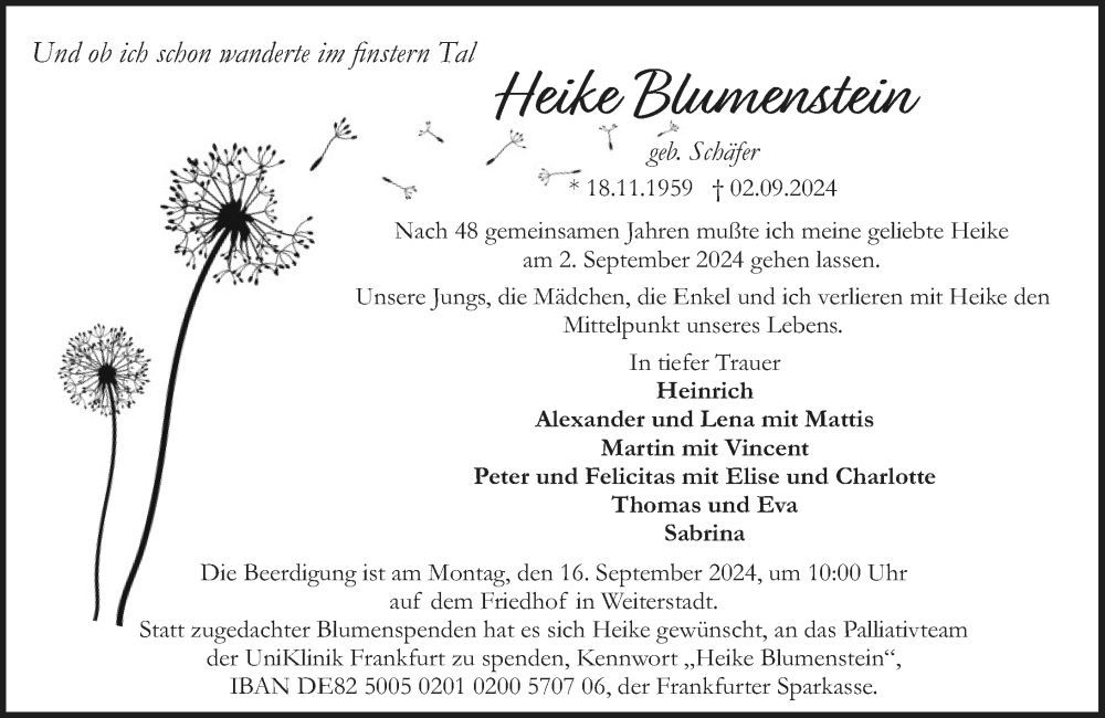 Traueranzeige für Heike Blumenstein vom 07.09.2024 aus Darmstädter Echo