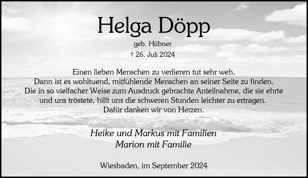  Traueranzeige für Helga Döpp vom 07.09.2024 aus Wiesbadener Kurier