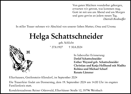 Traueranzeige von Helga Schattschneider von Weilburger Tageblatt