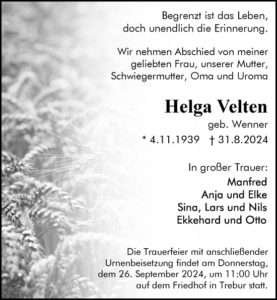 Traueranzeige von Helga Velten von Rüsselsheimer Echo