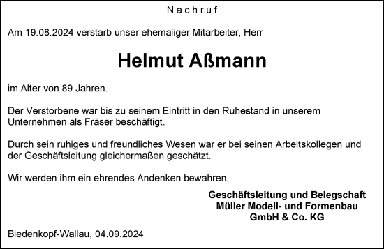 Traueranzeige von Helmut Aßmann von Hinterländer Anzeiger