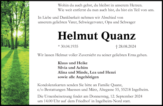 Traueranzeige von Helmut Quanz von Allgemeine Zeitung Rheinhessen-Nahe