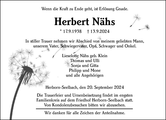 Traueranzeige von Herbert Nähs von Dill Block