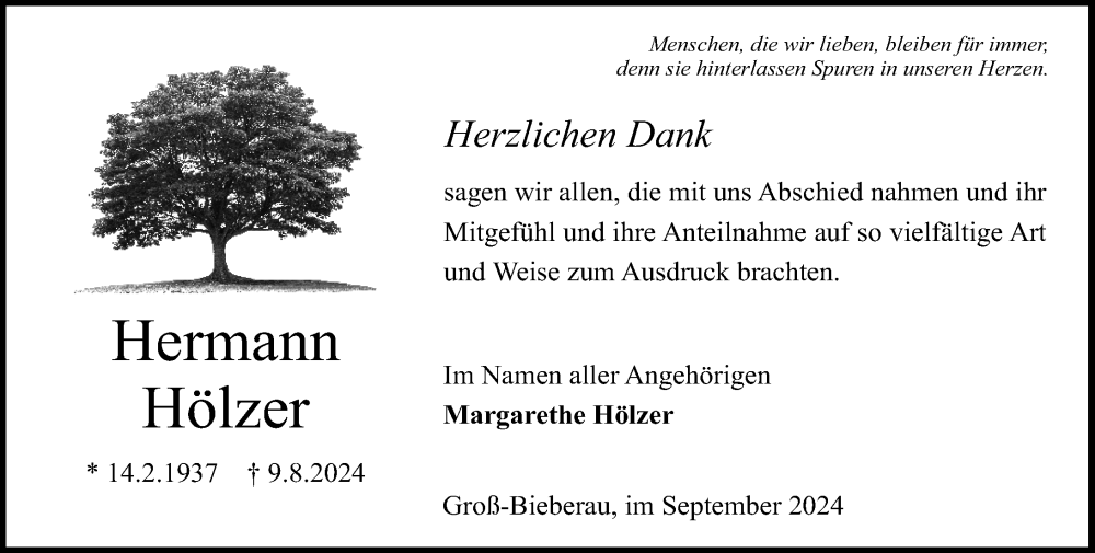  Traueranzeige für Hermann Hölzer vom 14.09.2024 aus Darmstädter Echo