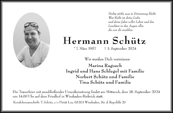 Traueranzeige von Hermann Schütz von Wiesbadener Kurier