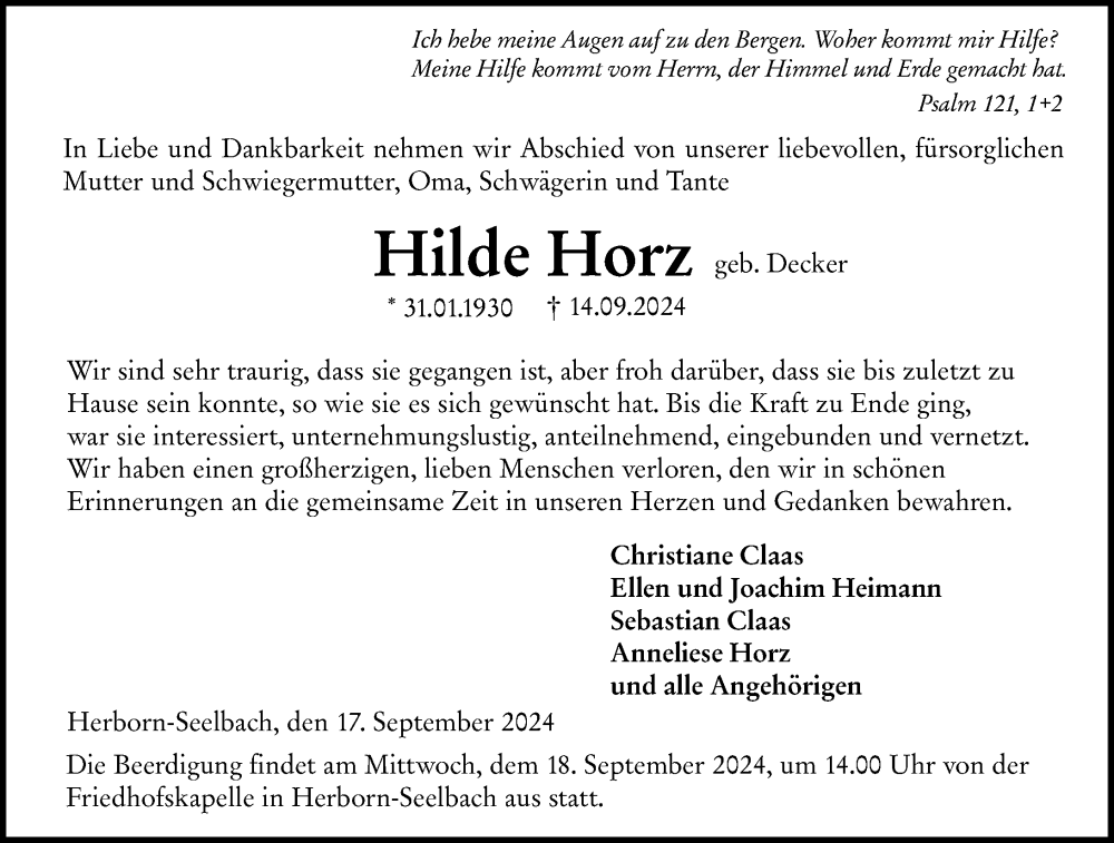  Traueranzeige für Hilde Horz vom 17.09.2024 aus Dill Block