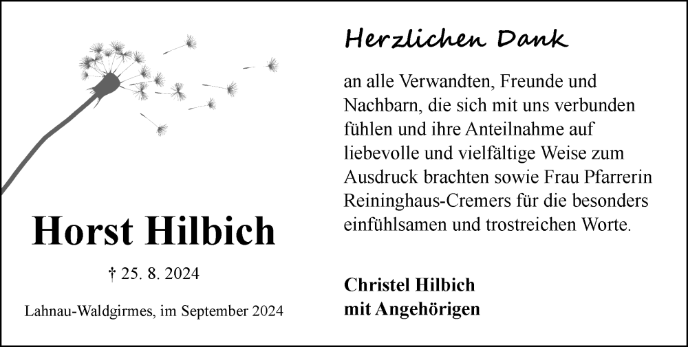  Traueranzeige für Horst Hilbich vom 14.09.2024 aus Wetzlarer Neue Zeitung