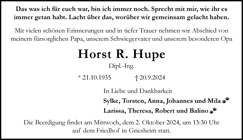  Traueranzeige für Horst Hupe vom 28.09.2024 aus Darmstädter Echo