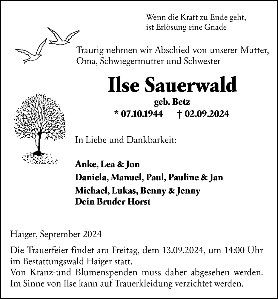  Traueranzeige für Ilse Sauerwald vom 10.09.2024 aus Dill Block