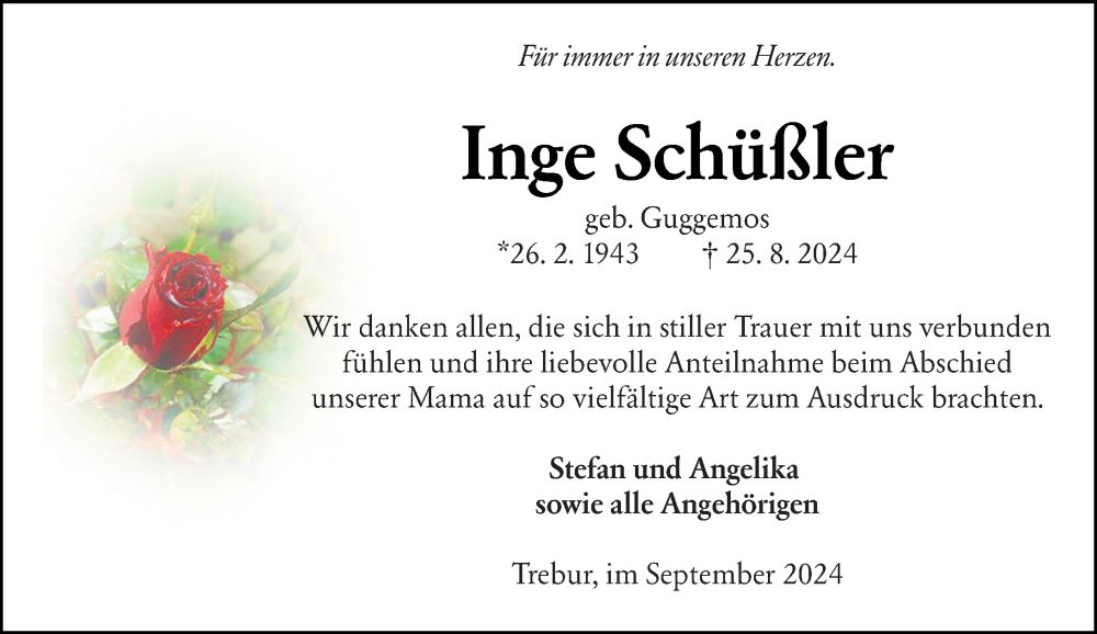  Traueranzeige für Inge Schüßler vom 21.09.2024 aus Groß-Gerauer Echo