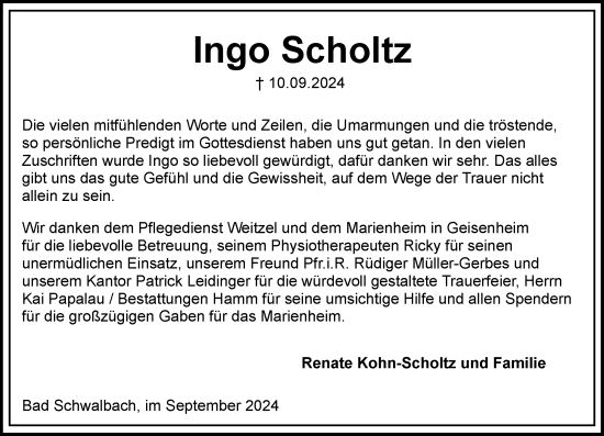 Traueranzeige von Ingo Scholtz von Wiesbadener Kurier
