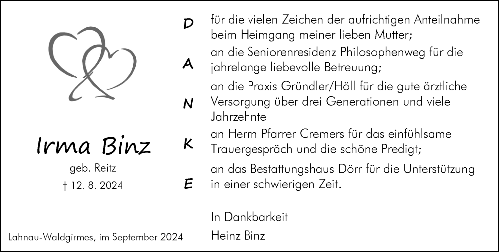  Traueranzeige für Irma Binz vom 07.09.2024 aus Wetzlarer Neue Zeitung