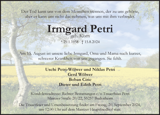 Traueranzeige von Irmgard Petri von Allgemeine Zeitung Mainz