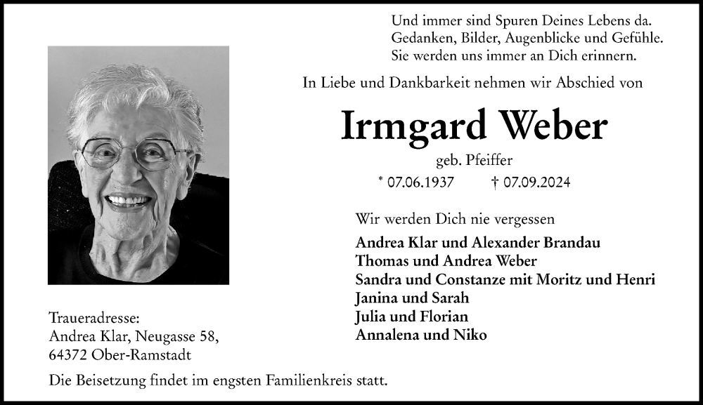  Traueranzeige für Irmgard Weber vom 14.09.2024 aus Darmstädter Echo