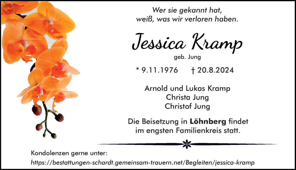  Traueranzeige für Jessica Kramp vom 07.09.2024 aus Weilburger Tageblatt