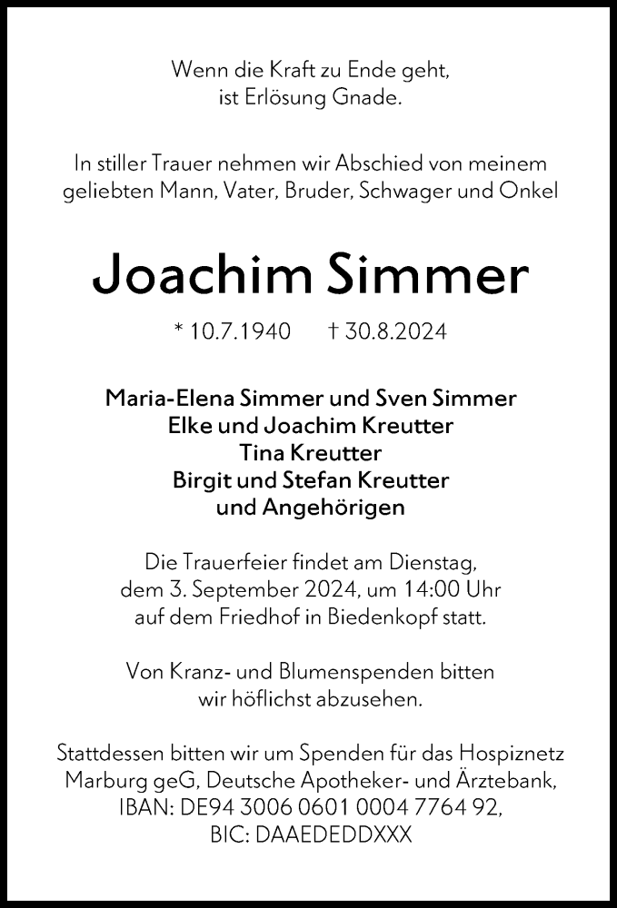  Traueranzeige für Joachim Simmer vom 02.09.2024 aus Hinterländer Anzeiger