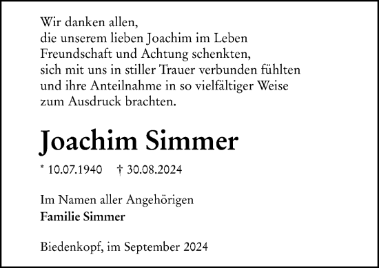 Traueranzeige von Joachim Simmer von Hinterländer Anzeiger