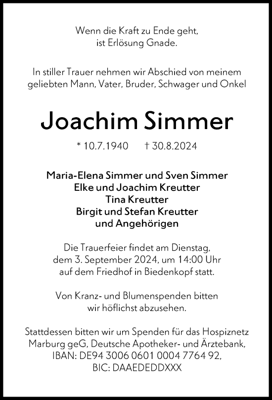 Traueranzeige von Joachim Simmer von Hinterländer Anzeiger
