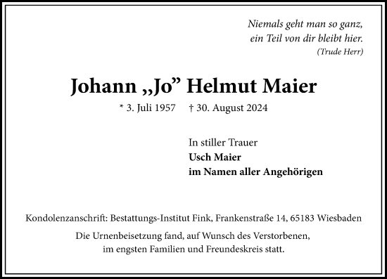Traueranzeige von Johann Helmut Maier von Wiesbadener Kurier