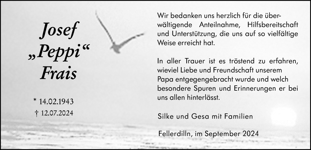  Traueranzeige für Josef Frais vom 21.09.2024 aus Dill Block