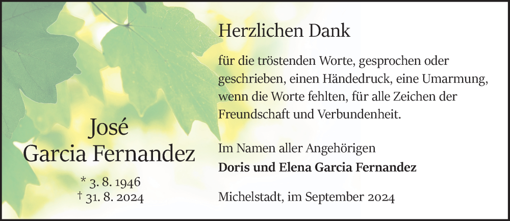  Traueranzeige für José Garcia Fernandez vom 21.09.2024 aus Odenwälder Echo