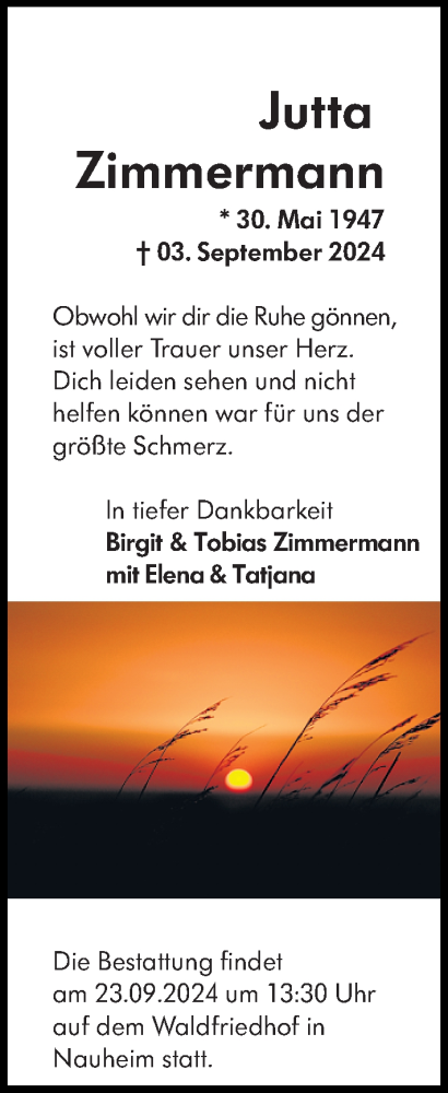 Traueranzeige von Jutta Zimmermann von Rüsselsheimer Echo