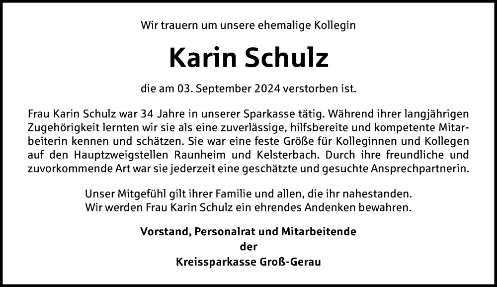  Traueranzeige für Karin Schulz vom 26.09.2024 aus Rüsselsheimer Echo