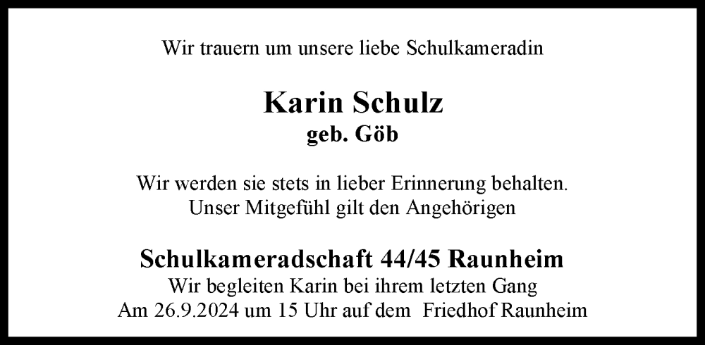  Traueranzeige für Karin Schulz vom 21.09.2024 aus Rüsselsheimer Echo