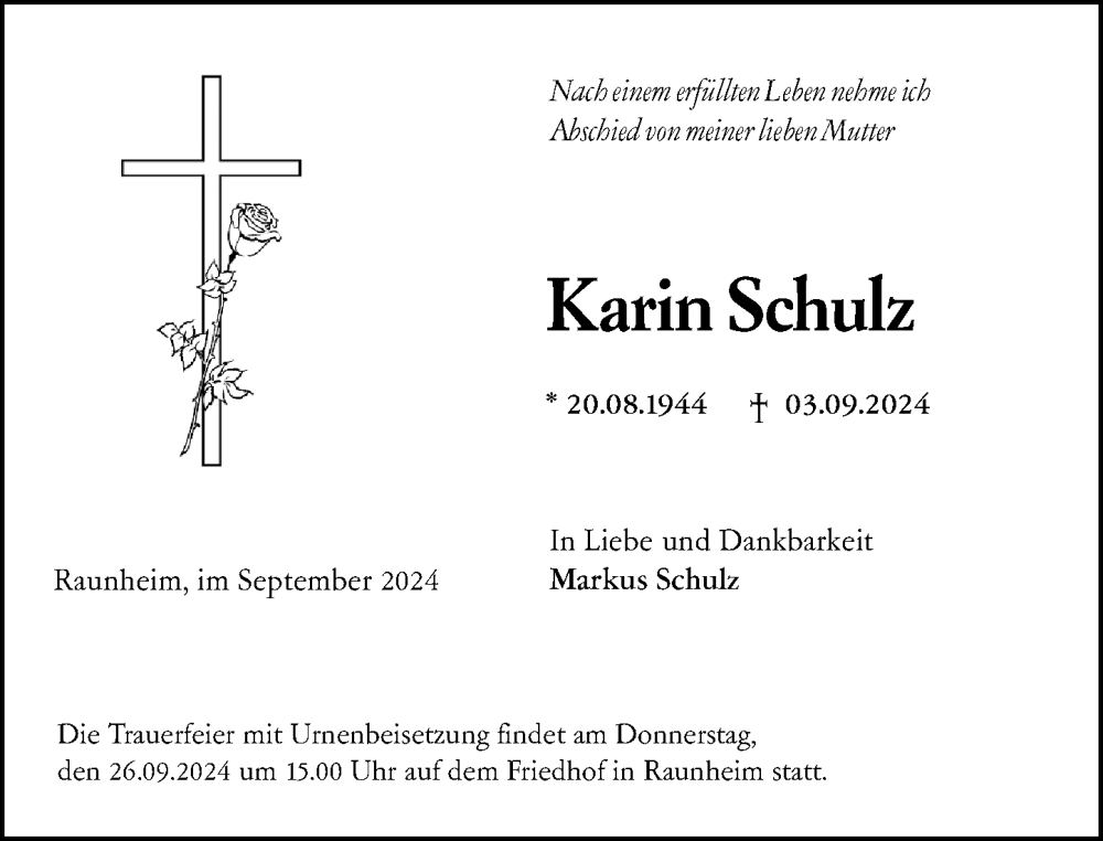  Traueranzeige für Karin Schulz vom 13.09.2024 aus Rüsselsheimer Echo