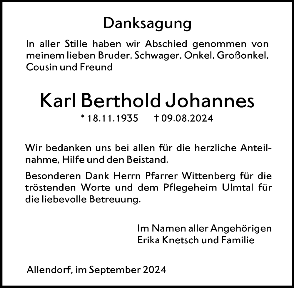  Traueranzeige für Karl Berthold Johannes vom 07.09.2024 aus Wetzlarer Neue Zeitung