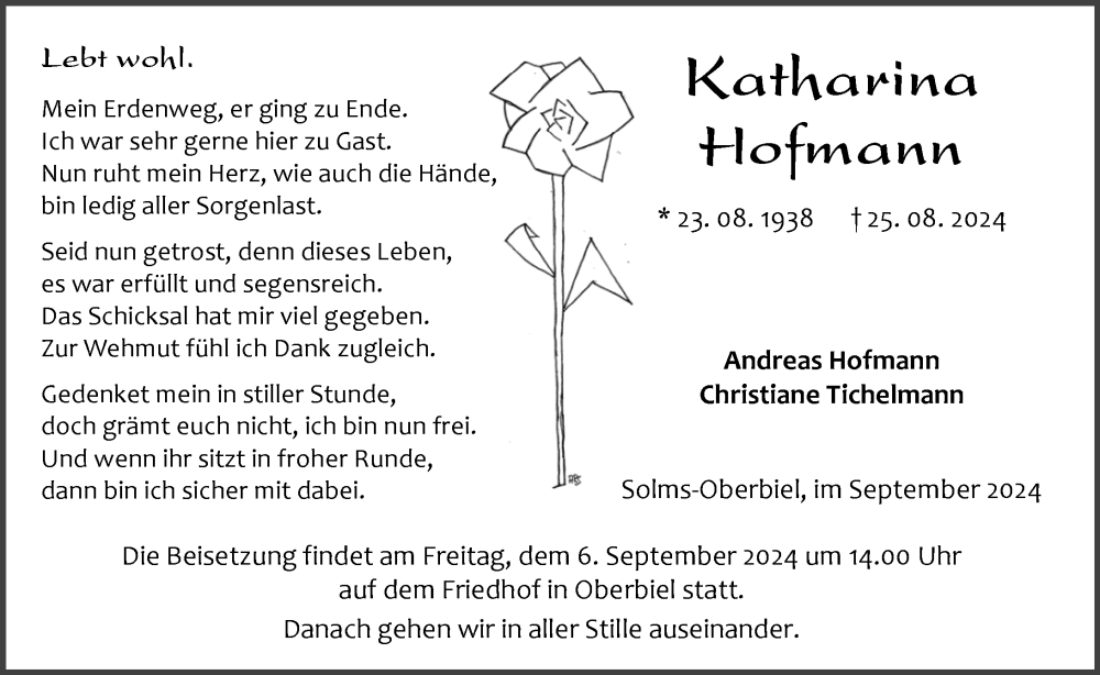  Traueranzeige für Katharina Hofmann vom 04.09.2024 aus Wetzlarer Neue Zeitung