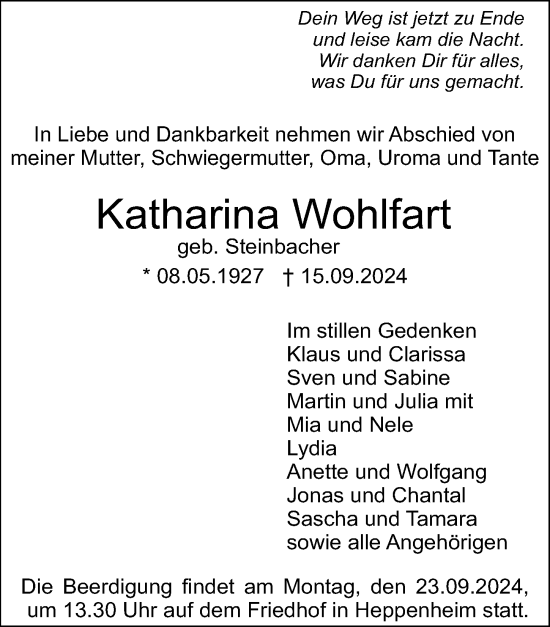 Traueranzeige von Katharina Wohlfart von Starkenburger Echo