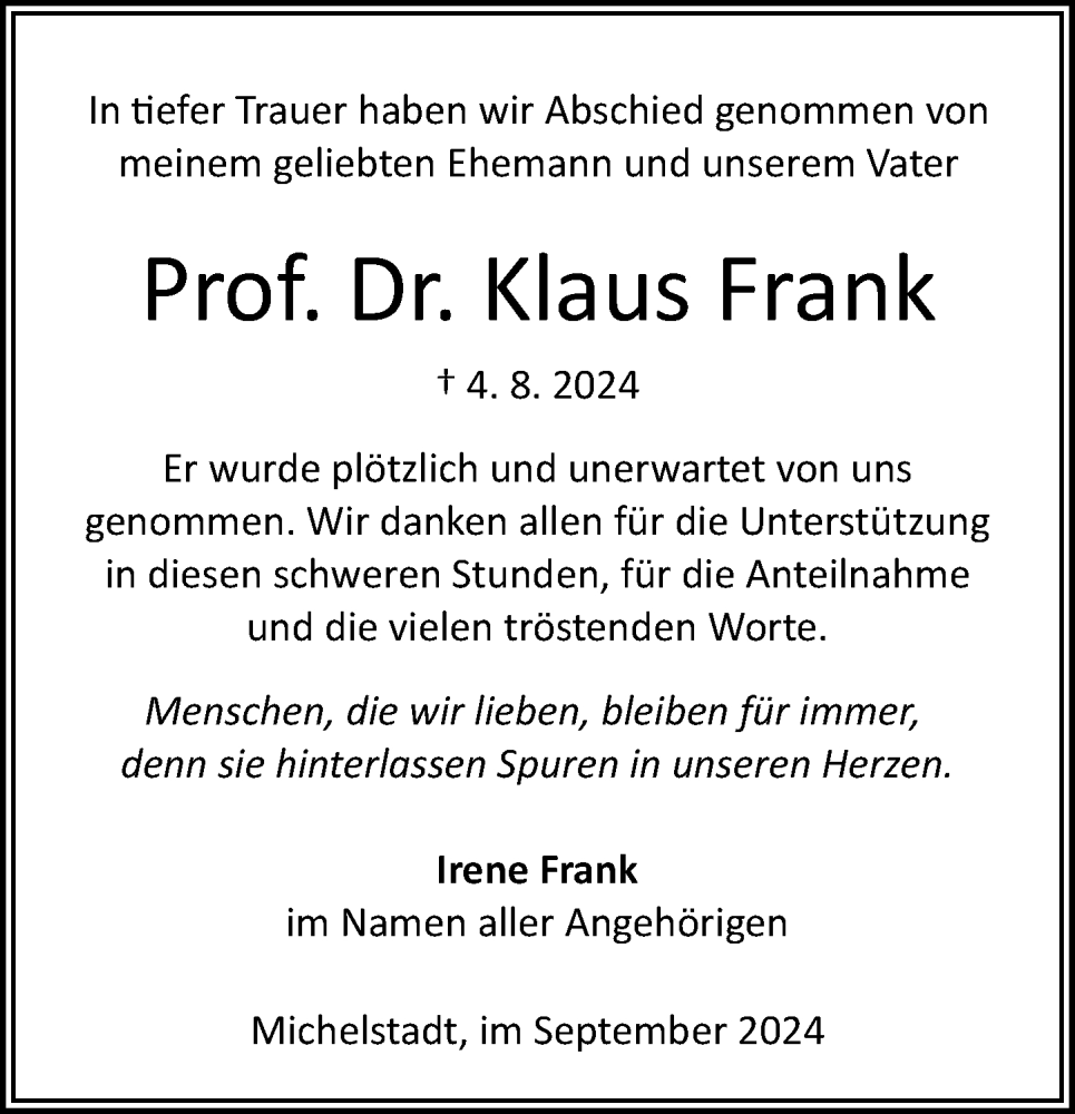  Traueranzeige für Klaus Frank vom 21.09.2024 aus Odenwälder Echo