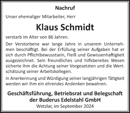 Traueranzeige von Klaus Schmidt von Wetzlarer Neue Zeitung