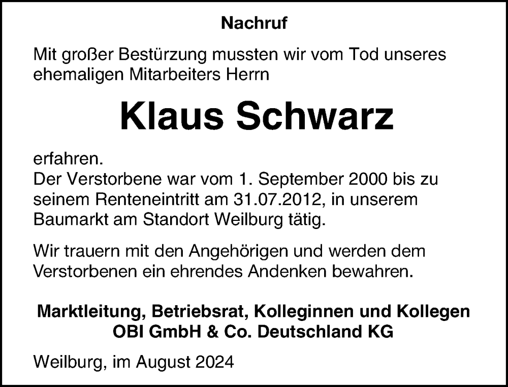  Traueranzeige für Klaus Schwarz vom 03.09.2024 aus Weilburger Tageblatt