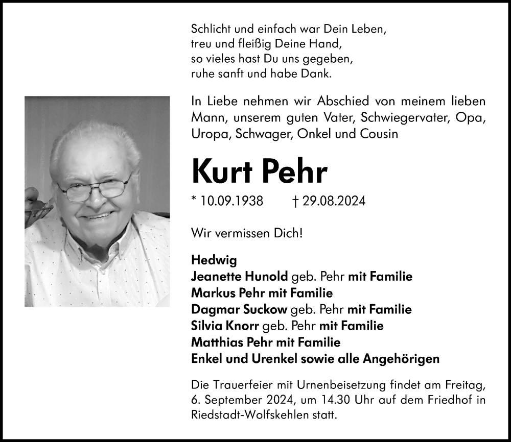  Traueranzeige für Kurt Pehr vom 03.09.2024 aus Groß-Gerauer Echo