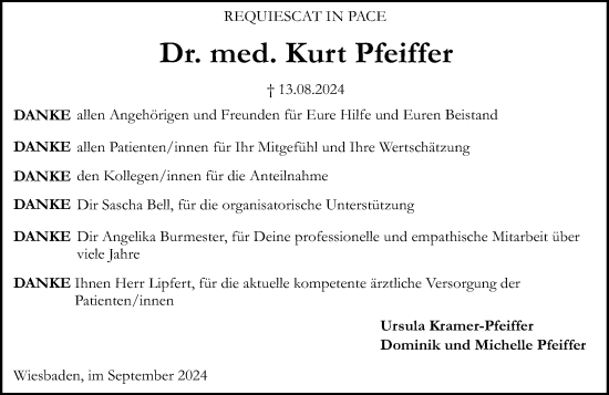 Traueranzeige von Kurt Pfeiffer von Wiesbadener Kurier