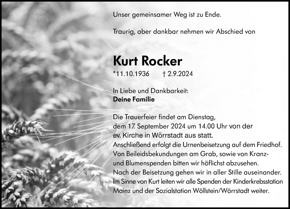  Traueranzeige für Kurt Rocker vom 14.09.2024 aus Allgemeine Zeitung Alzey