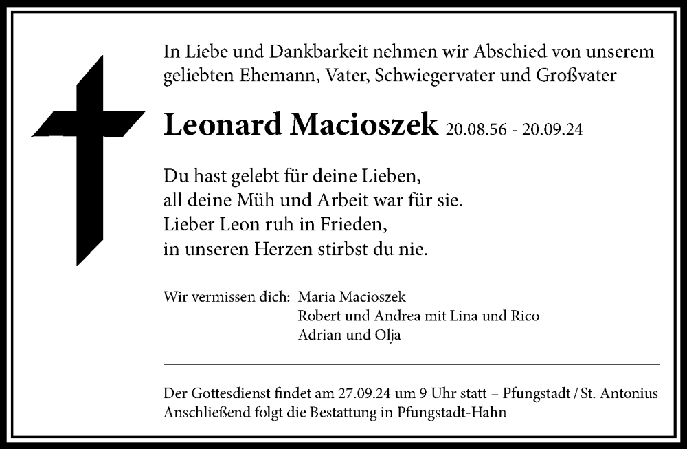  Traueranzeige für Leonard Macioszek vom 25.09.2024 aus Darmstädter Echo
