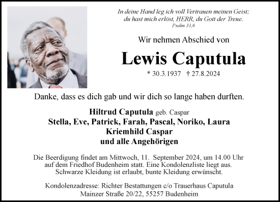 Traueranzeige von Lewis Caputula von Allgemeine Zeitung Mainz