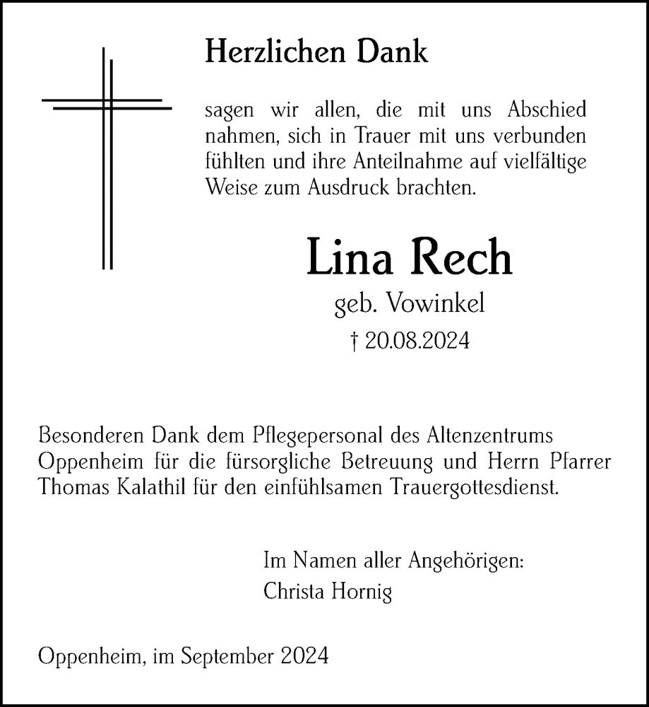  Traueranzeige für Lina Rech vom 28.09.2024 aus Allgemeine Zeitung Mainz